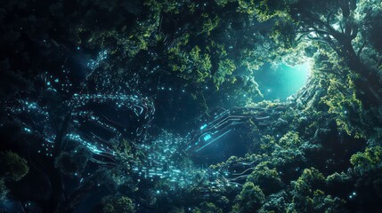 Fototapeta premium Mystical forest scene with glowing particles and technological elements.