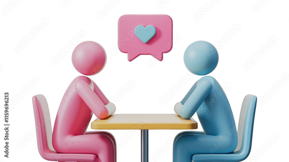 Aufkleber pink and blue 3d figures sitting at a table with a heart-shaped speech bubble above them. background