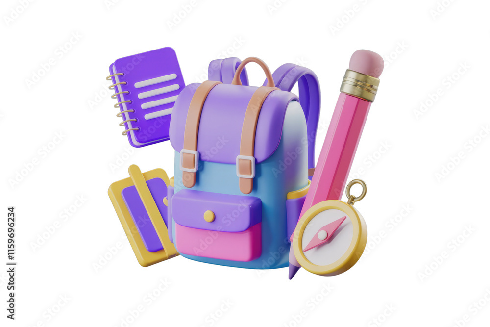 Aufkleber 3d render of a backpack with stationery items like a notebook, pencil, and compass, ideal for educat
