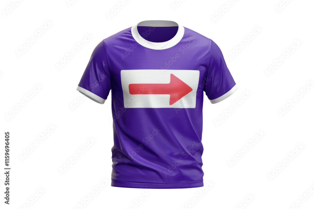 Poster purple t-shirt with a white rectangle and a red arrow pointing right. background removed