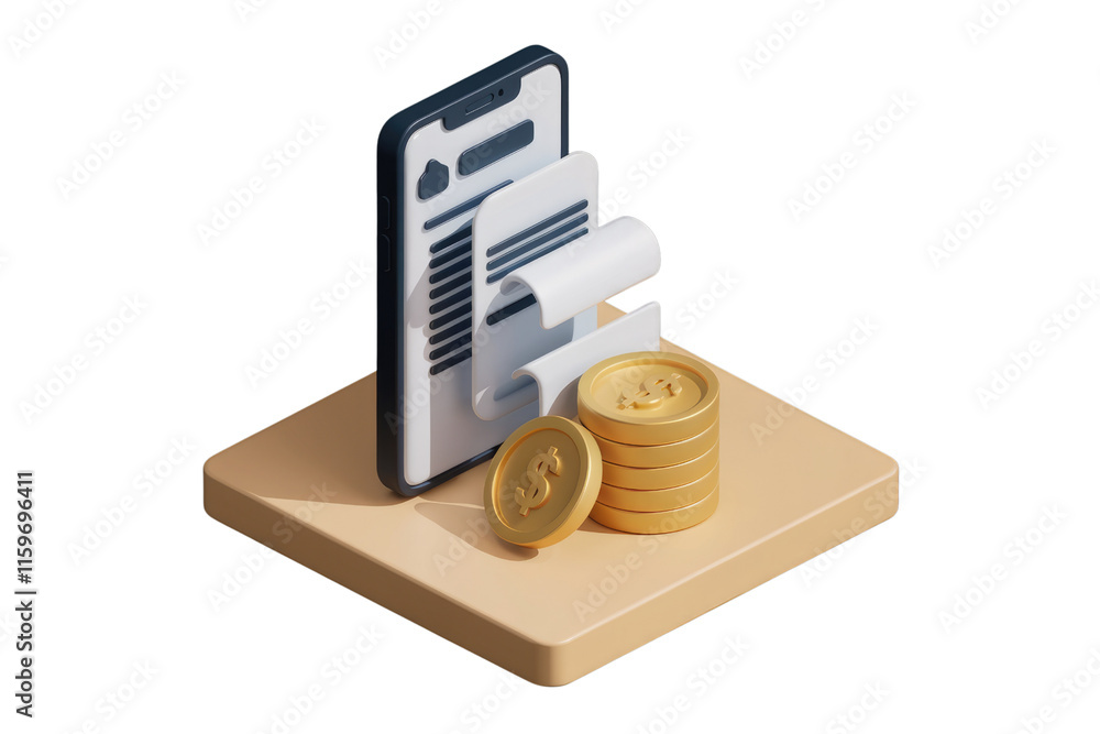 Poster 3d isometric illustration of online payment, showing a smartphone with a digital receipt and a stack