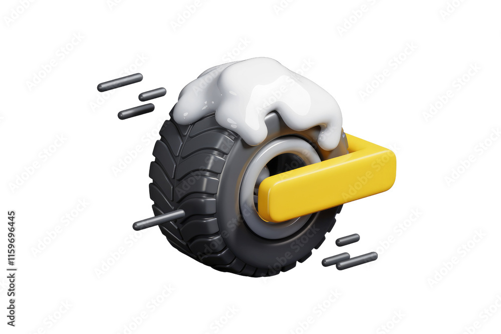 Poster 3D rendering of a tire with white paint and yellow lever, fast motion. background removed