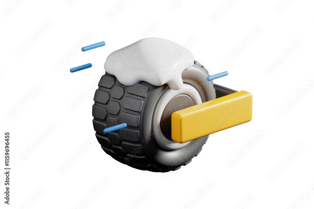 Poster 3d render of a wheel with white paint and yellow bar, suggesting motion and innovation. background r