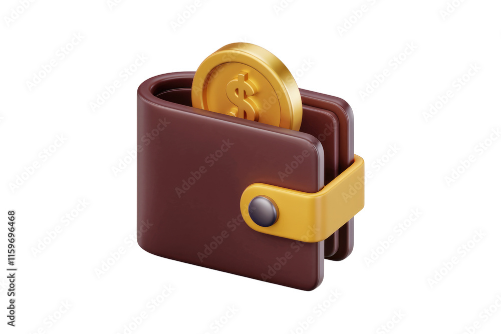 Leinwandbilder a 3d rendering of a brown wallet with a gold coin depicting the dollar sign. background removed