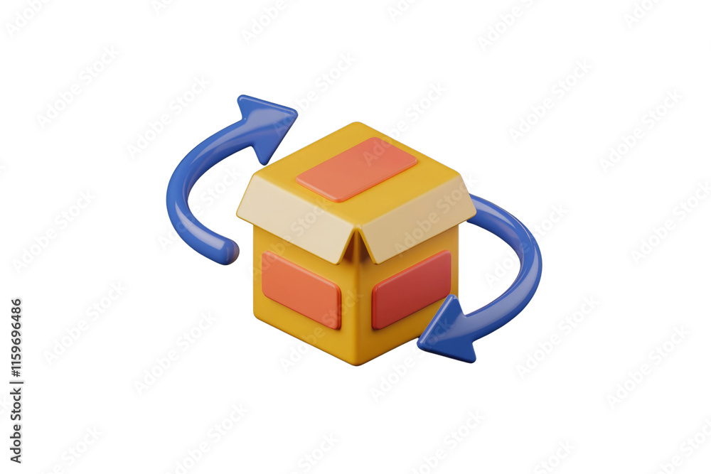 Poster 3D render of a yellow box with blue arrows circling it, signifying return or exchange. background removed
