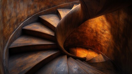 Dark Wooden Spiral Staircase Ascending Towards Light