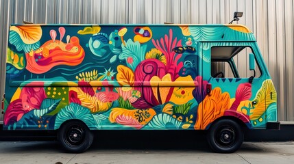 Vibrant colorful mural painted on a vintage food truck parked against a metallic wall.