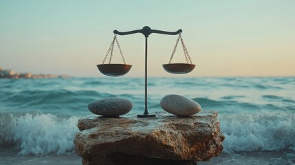 The stones on the sea background represent a symbolic scale. idea of balance and harmony. balance between work and life and emotions