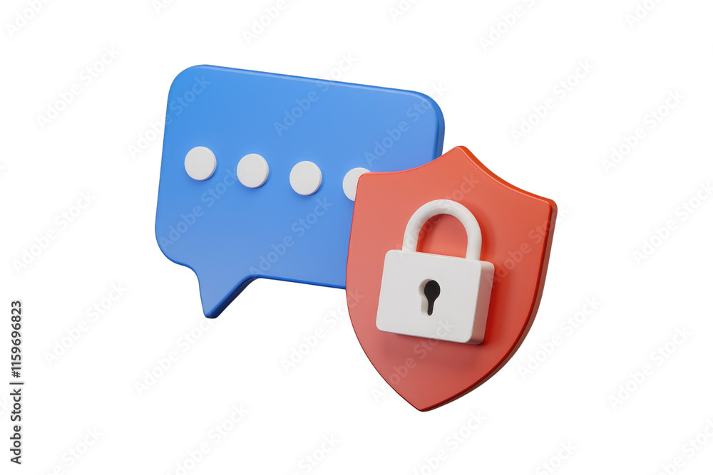 Poster Secured Messaging: A blue speech bubble protected by a red shield with a padlock, symbolizing secure communication. background removed