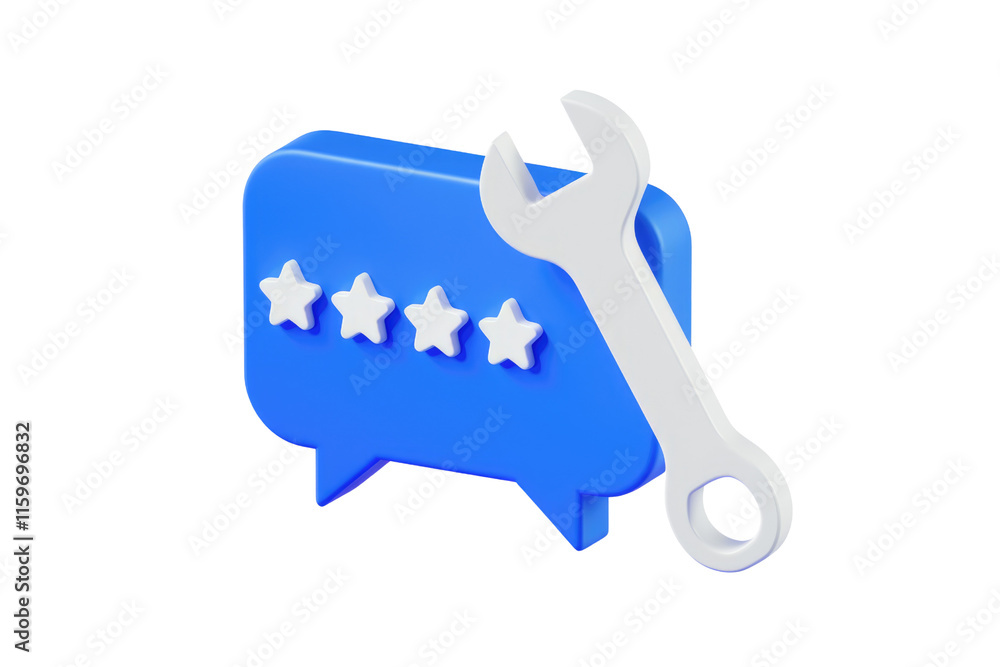 Aufkleber 3d render of a blue speech bubble with four stars and a wrench, symbolizing feedback improvement. ba