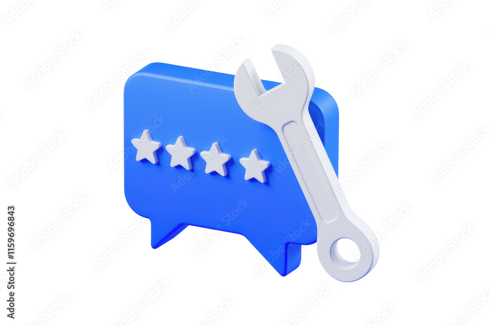 Poster 3d render of a blue speech bubble with four stars and a wrench, signifying feedback and repair. back