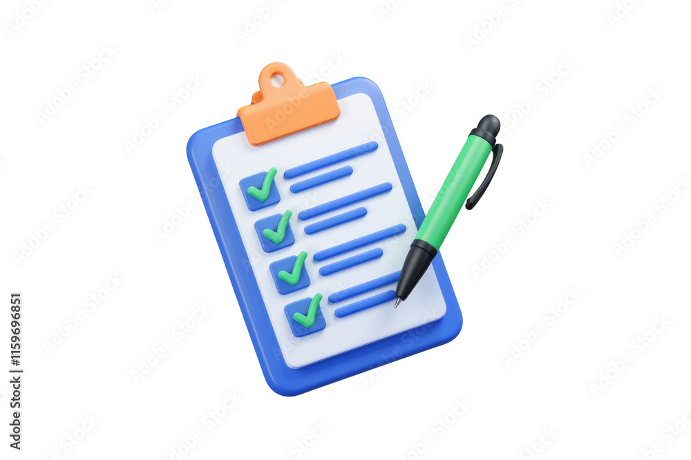 Poster 3D rendering of a checklist clipboard with a pen, signifying task management and organization. background removed