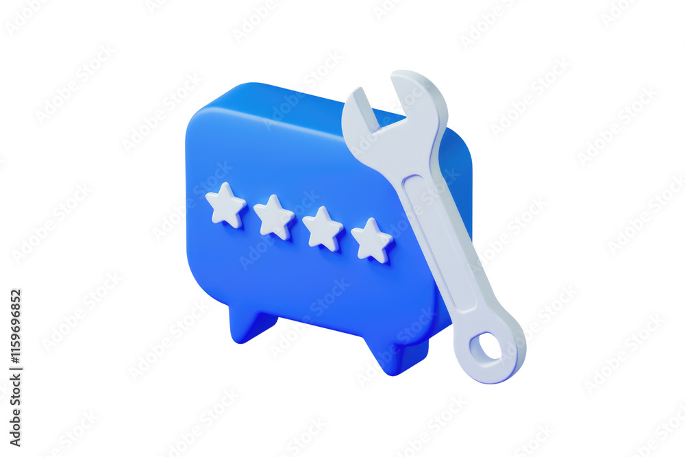 Poster blue chat bubble with four stars and a wrench, symbolizing feedback improvement. background removed