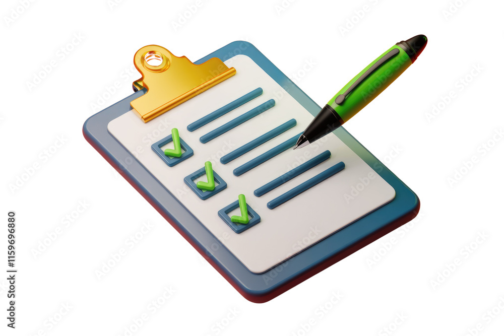 Poster 3D rendering of a checklist with green checkmarks and a pen, signifying task completion. background removed