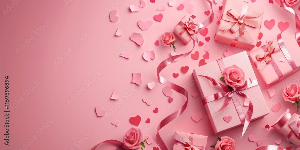 Poster pink background with a bunch of pink boxes and a pink ribbon. the boxes are all different sizes and 