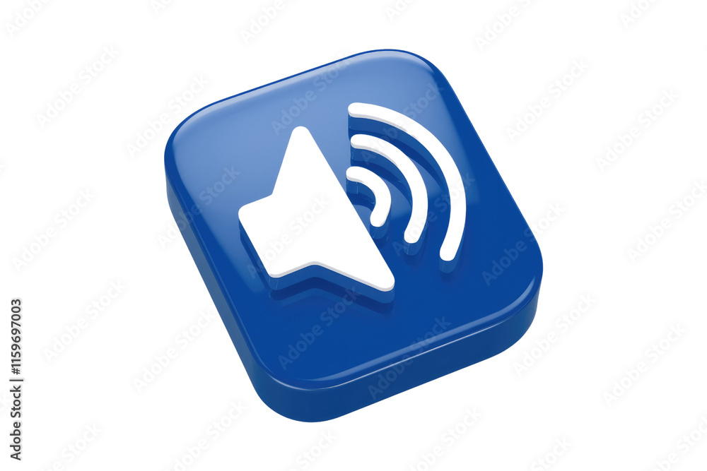 Poster A 3D rendered blue square button with a speaker icon and sound waves, symbolizing audio. background removed