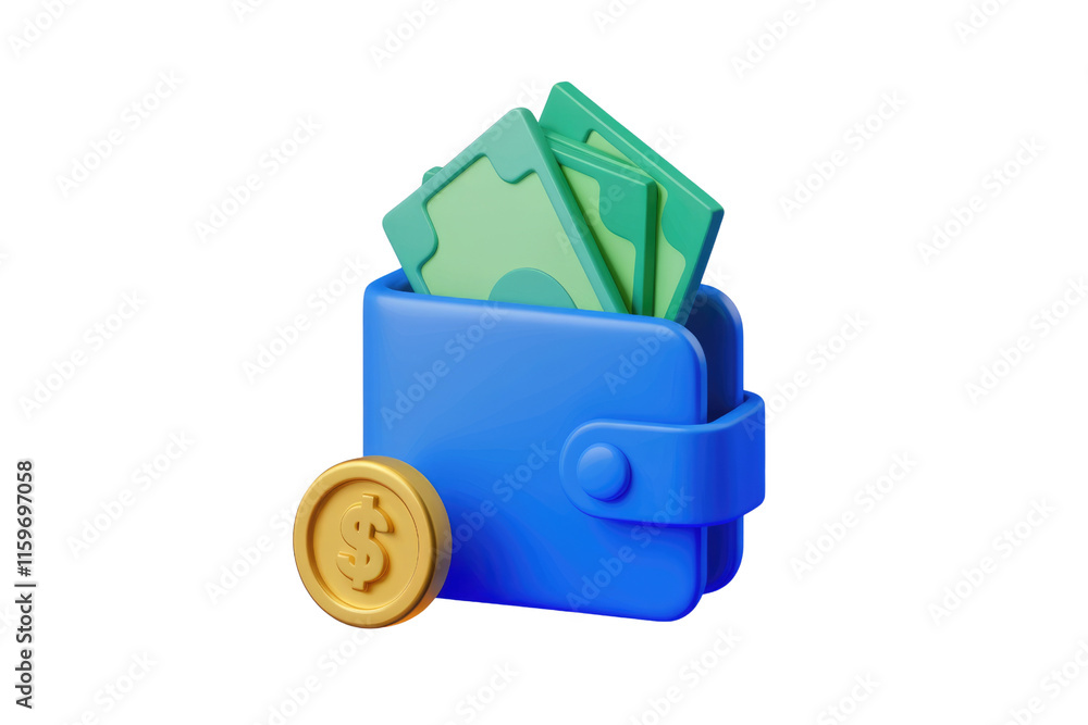 Poster a 3d rendering of a blue wallet with cash and a gold coin, symbolizing wealth and finance. backgroun