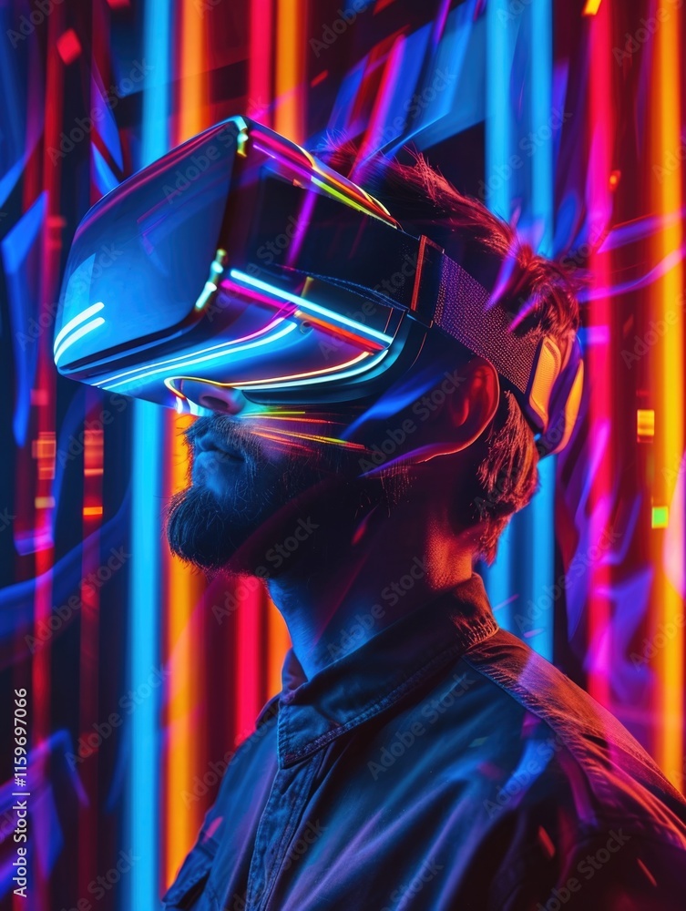 Poster the image showcases a man wearing futuristic virtual reality glasses, surrounded by colorful digital