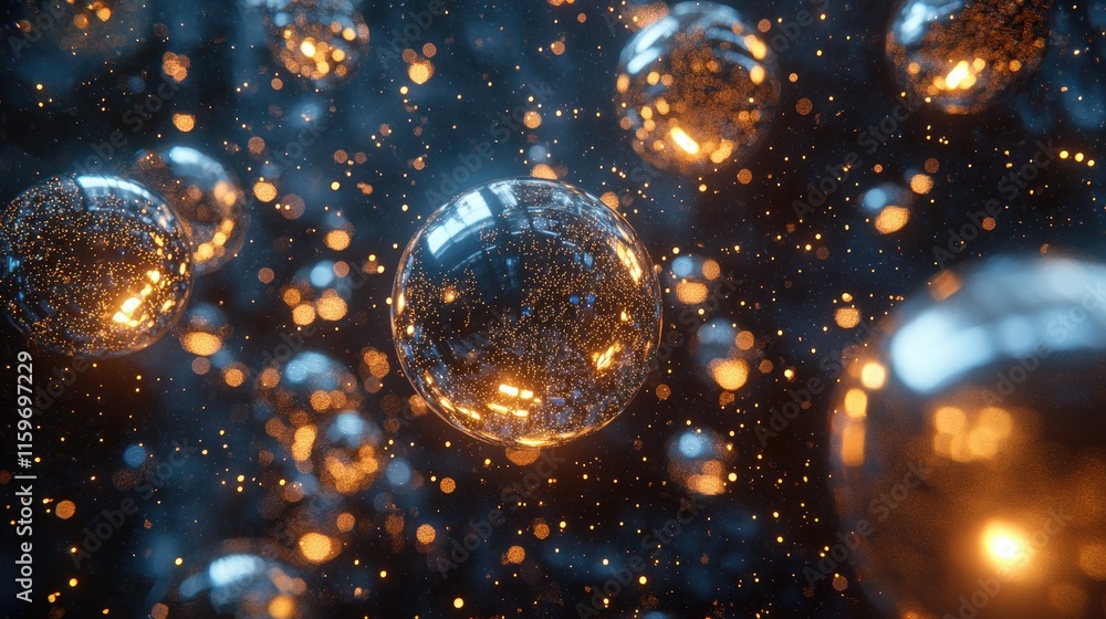 Poster abstract background with glowing spheres and particles.