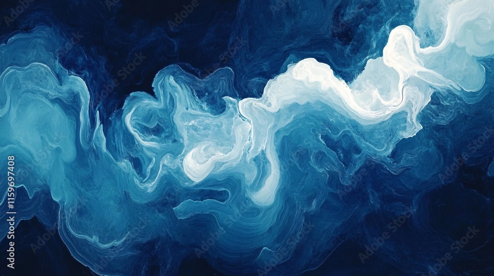 Poster an abstract swirl of deep blue and white hues creating a calming oceanic atmosphere.
