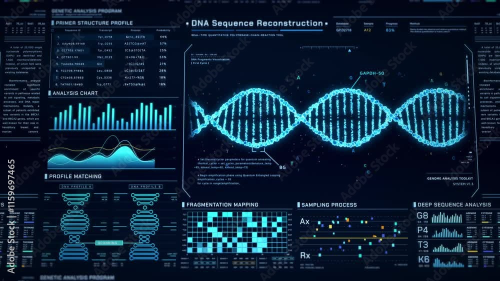 Poster dna helix analysis visualization data, genome sequence ui screen, futuristic genetic engineering lab