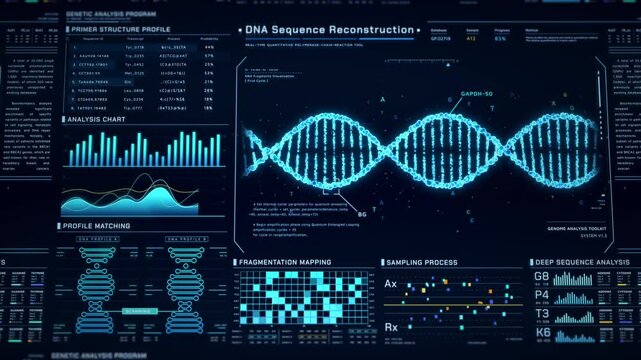 DNA Helix analysis visualization data, genome sequence ui screen, futuristic genetic engineering lab infographic interface, 3D biotechnology scan report dashboard, medical science technology backgound