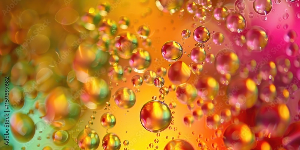 Poster bubbles on water surface, with a spectrum of colors creating a vibrant and shiny effect.