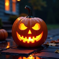 Intricately carved jack-o'-lantern radiates eerie glow on porch , halloween, vintage, halloween night