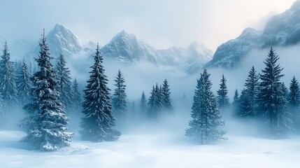 Fototapeta premium Snow covered pines stand before majestic winter mountains
