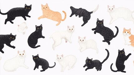 A whimsical illustration featuring cats of various breeds, including black, white, and orange fur patterns, all playfully positioned.