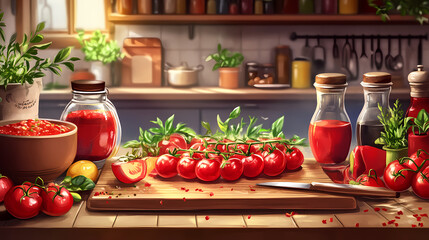 Tomato salads, sauces, and roasting shown in a cozy kitchen where fresh tomatoes are being sliced for a salad, simmered into sauce, and roasted with herbs. Gossamered. Illustration