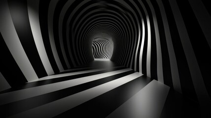 Abstract black and white striped tunnel leading to light.