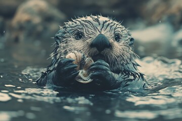 Joyful sea otter with detailed fur holding clam closeup