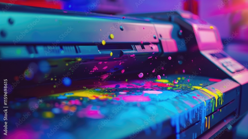 Poster this image captures the lively and colorful result of a printing process. the splattered paint adds 