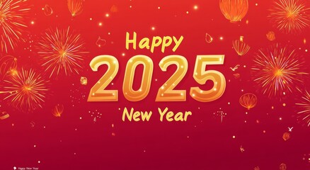 "2025" in Golden Numbers with Fireworks on Red Background, "Happy New Year" Text in Simple Flat Illustration Style.