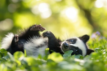 Naklejka premium Joyful skunk in sunny grassy setting vivid colors soft textures