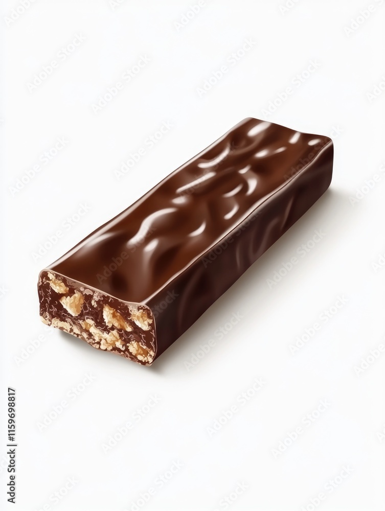 Poster chocolate bar with nuts on it. the bar is long and thin. the chocolate is dark and the nuts are smal