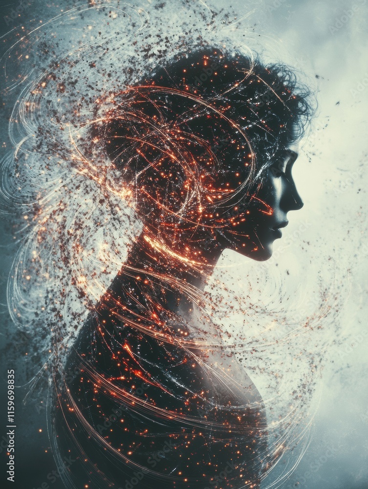Poster human silhouette enveloped in a whirlwind of lines and dots representing loneliness and isolation in
