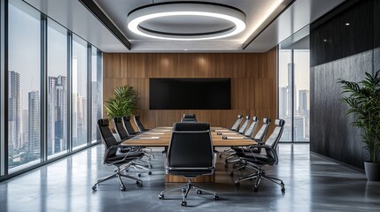 Fototapeta premium Modern corporate boardroom with sleek furniture and a panoramic city view.