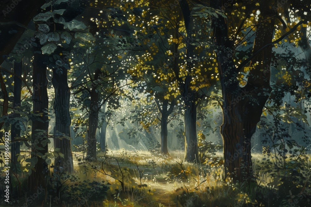Aufkleber sunlight filters through dense forest trees, creating a serene and mystical atmosphere in a secluded