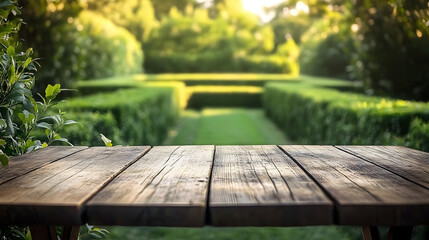 A close-up of a rustic, empty wooden table with a blurred green bush hedge maze labyrinth in the background.