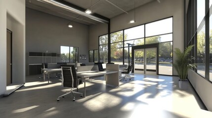 Fototapeta premium This contemporary workspace has an open design, minimalist desks, and sleek, ergonomic office chairs. Natural light streams into the space from the huge windows, making it well-lit.