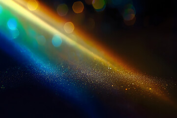 Rainbow sun flares on black background, colorful glare and shine, light rays on sparkling surface. Rainbow refraction of bright sunlight on dark fon. Natural light effects, trend aesthetic
