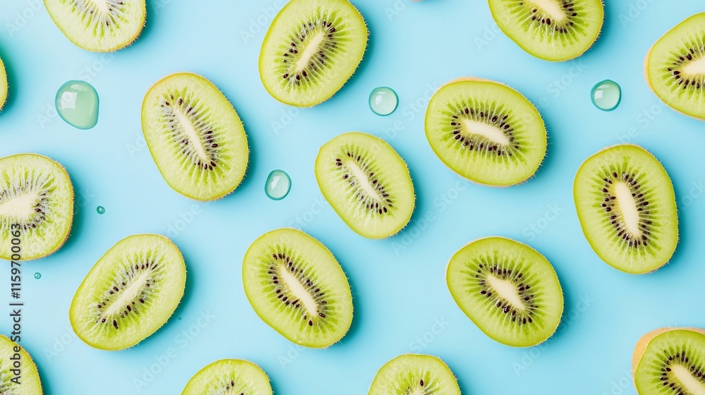 Poster fresh green kiwi slices on a vibrant blue background, creating a refreshing and colorful pattern.