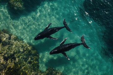 Fototapeta premium Humpback whale mother and calf in serene underwater scene
