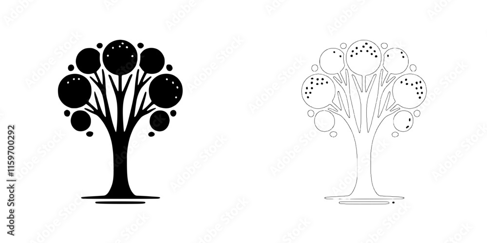 Poster abstract tree illustration: a simple yet elegant tree with stylized fruit, presented in both black a