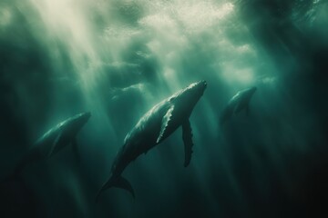 Fototapeta premium Humpback whale pod in underwater scene evoking tranquility and harmony