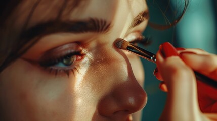 A woman applying eye makeup with a brush, including eyeliner and eyeshadow.