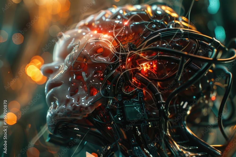 Poster a head composed of mechanical and electronic components, symbolizing advanced technology and artific