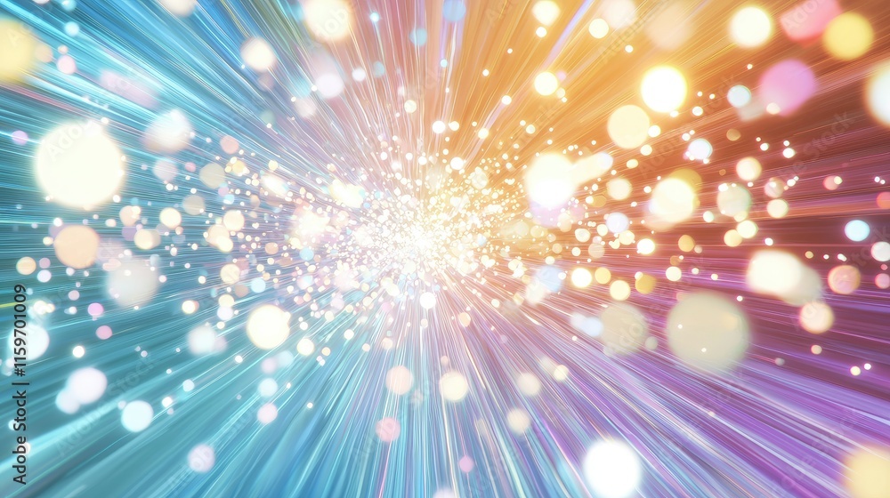 Poster abstract colorful light rays and particles burst.